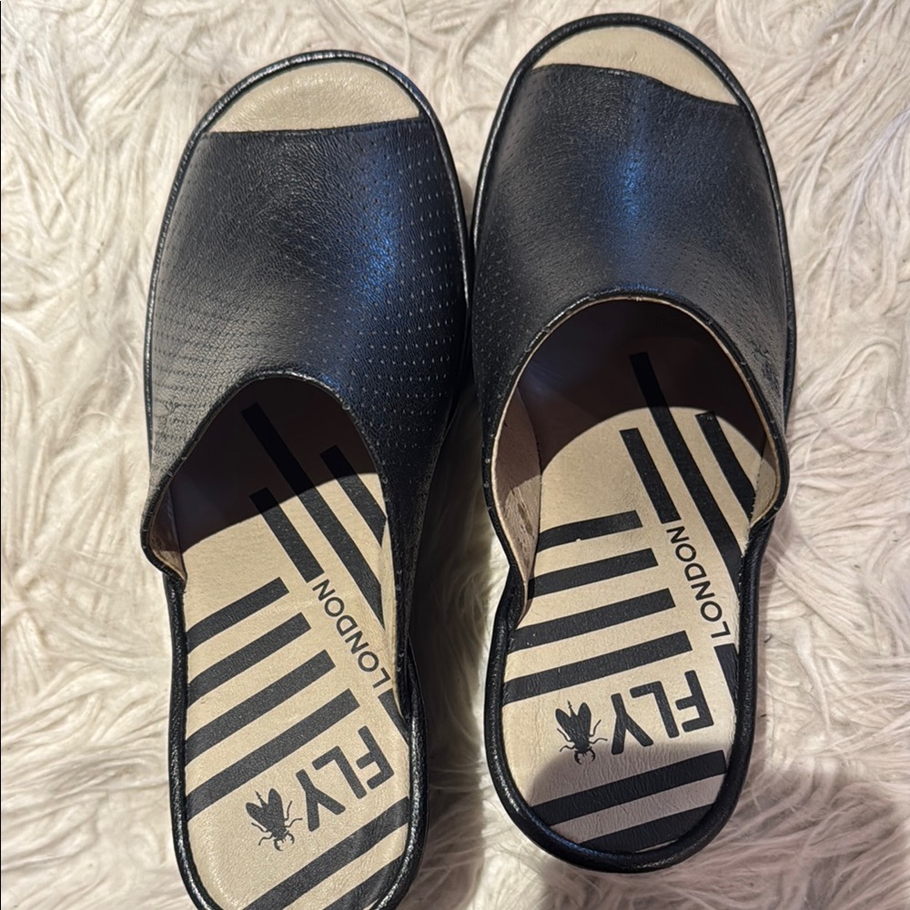 Fly London Black Platform Mule Wedges - Picture 2 of 4